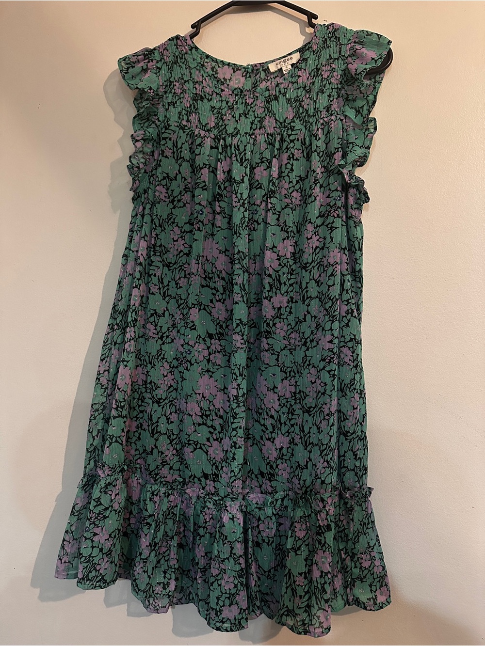 Umgee Green Floral Smocked Ruffle Dress with Purple Accents